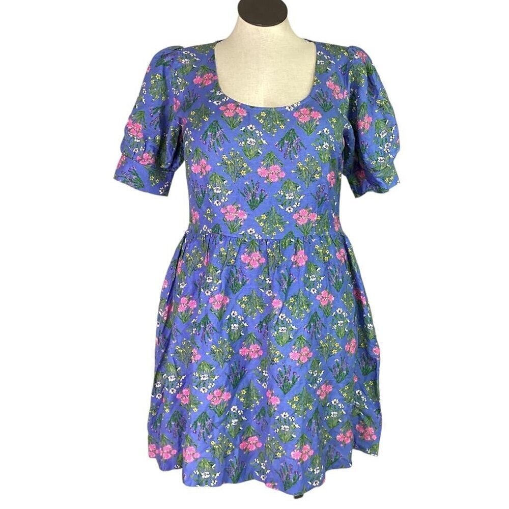 Loft Fit Flare Floral Mini Dress Women 10T Tall Blue Puff Sleeve Cottagecore NEW - Picture 2 of 9